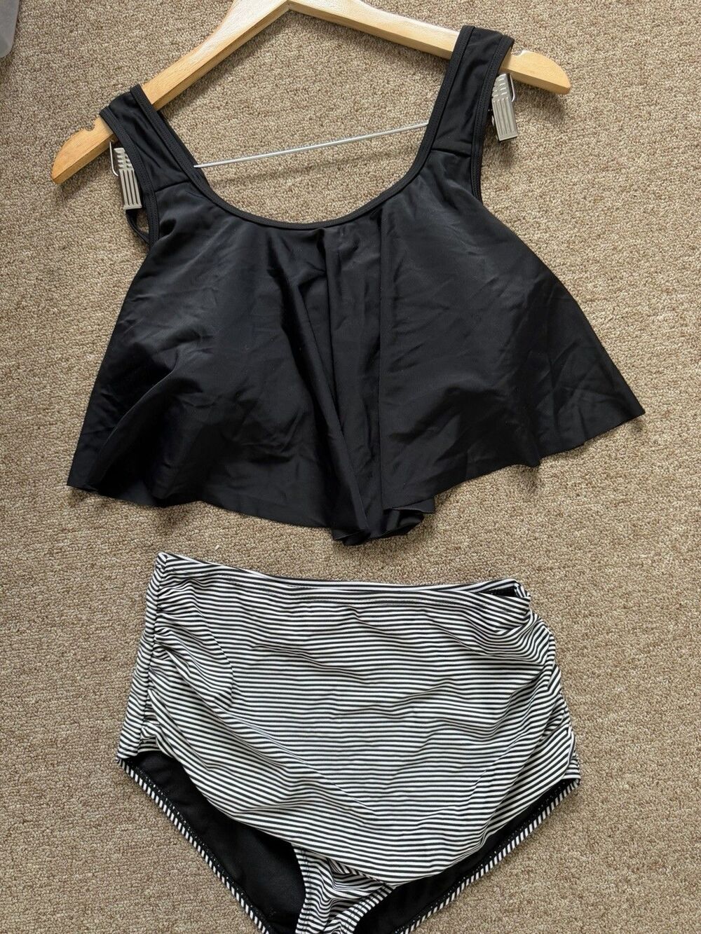 2Piece Tankini Swimsuit Black Ruffle Top Striped High Waist Size S - Picture 7 of 12